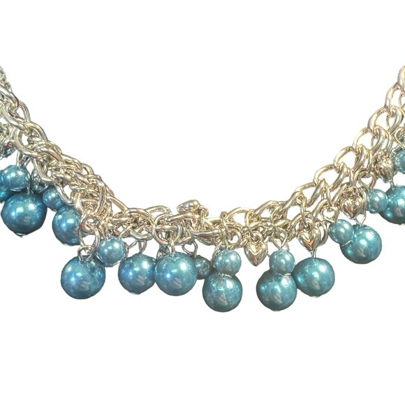 Silver Chain Necklace & Earrings Set With Blue Bead Accents - Picture 2 of 4